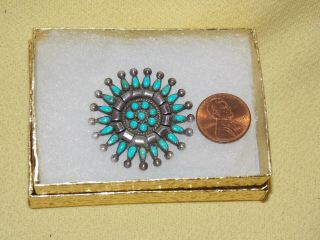 Vintage Zuni Petit Needle Point Turquoise Sterling Silver Pendant Brooch 1 1/2 "