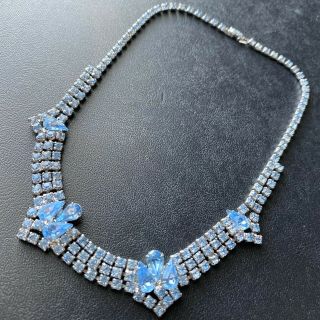Vintage Topaz Blue Pear Tear Drop Crystal Rhinestone Necklace Pretty 264