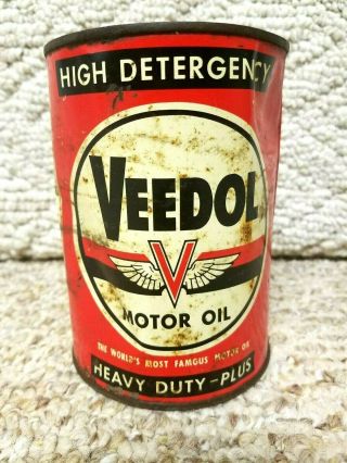Vintage VEEDOL 1 QUART of Heavy Duty Plus MOTOR OIL CAN Metal - EMPTY 2
