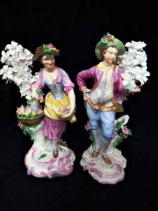 Antique Sitzendorf Porcelain Dresden Germany Pair Flower Seller Figures 1900 