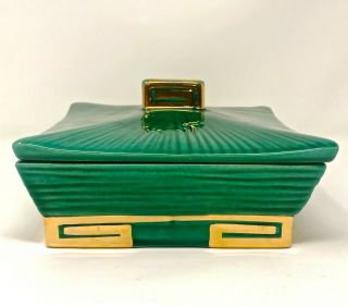 Antique Vtg.  Chinese Oriental Square Tureen Rice Bowl Lid Jade Green Gold Gilt