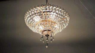 Vintage Large Chandelier Crystal Prisms Basket Brass Ceiling Flush Mount Fixture