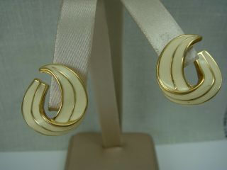 Vintage Monet Cream Enamel Gold Tone Ribbon Clip Earrings