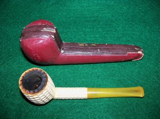 Antique Straight Meerschaum Smoking Pipe White,  Amber Mouthpiece,  Leather Case 2