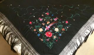 Pretty Antique Cantonese Silk Embroidered Shawl,  Manton De Manilla.  Bird,  Flowers