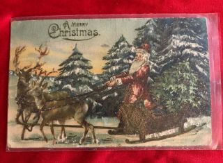 Vintage 1909 Postcard Santa On Sleigh With Reindeer Mica Embossed