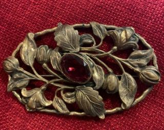 Vintage Brass Ivy Fashion Brooch With Large Red Crystal Rhinestone