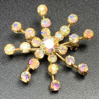 Signed Austria Vintage Brooch Pin 1.  5” Gold Tone Snowflake Ab Crystal Rhinestone