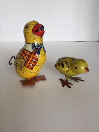 Vintage J.  Chein Tin Litho Wind - Up Toy Chicken & Antique Chick