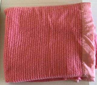 Vintage Dark Pink Satin Trim Blanket Waffle Weave Texture 80 " X 86 " Full/twin