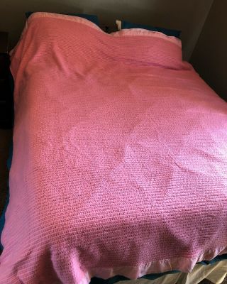 Vintage Dark Pink Satin Trim Blanket Waffle Weave Texture 80 