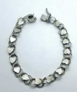 Vintage Sterling Silver Double Link Charm Bracelet With Textured Hearts - 7 1/2 "