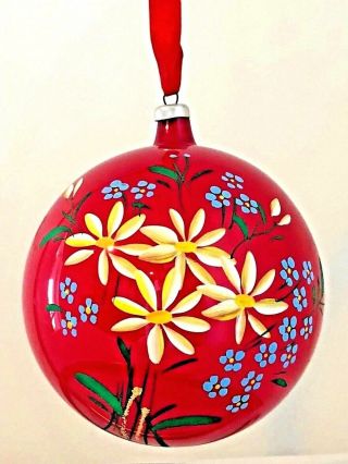 Signed Italy Vintage Jumbo Hand Painted Blown Glass Ornament Flowers Garden