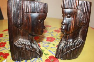 From Africa,  Vintage 60s Hand Carved Wooden Book Ends African Tribals Subjects
