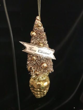 Vintage Gold Berry Mercury Glass Bottle Brush “merry Christmas” Tree Ornament