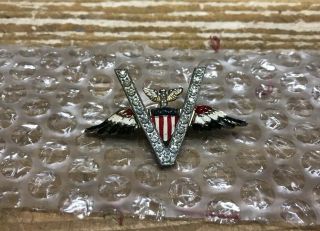 Vintage Wwii V For Victory Eagle Wing Victory Pin Red White Blue Enamel Rhinesto