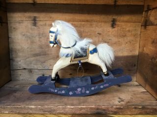 Vintage Wooden Rocking Horse Small Toy Childrens Blue Fur Handpainted Carved