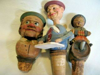 3 Vintage Hand Carved Wood Bottle Cork Stoppers Barware Old