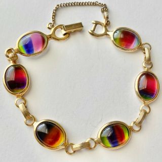 Signed Sarah Cov Vintage Rainbow Glass Cabochon Gold Tone Bracelet 338