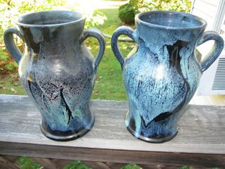 Pait Antique Amaco Art Pottery Vases Blue / Black Glaze
