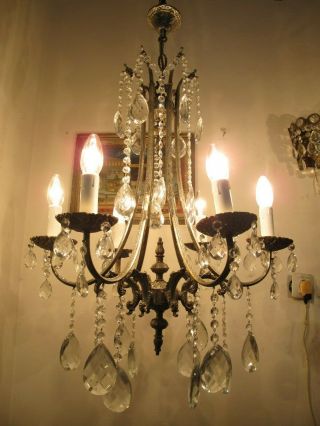 Antique Vnt French 6 Arms Brass Crystal Chandelier Lamp 1940 ' s 20in Ø diametr RR 2