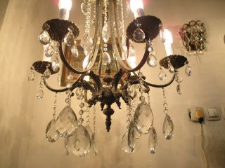 Antique Vnt French 6 Arms Brass Crystal Chandelier Lamp 1940 ' s 20in Ø diametr RR 3
