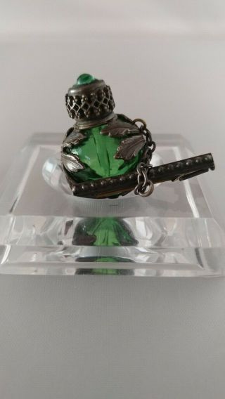 Vintage Perfume Bottle Brooch French Green Glass With Green Stone