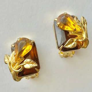 Unsigned Designer Vintage Amber Glass Leaf Flower Rhinestone Clip Earrings 429