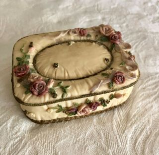 Vintage Dezine Hand Painted Bisque Porcelain Floral Roses Trinket Box