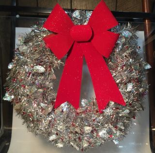 Vintage Silver Tinsel Wreath Door Hanging Red Bow Christmas Holidays Winter