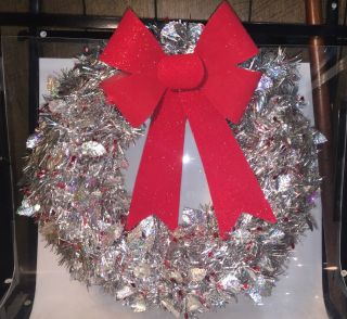 Vintage Silver Tinsel Wreath Door Hanging Red Bow Christmas Holidays Winter 2