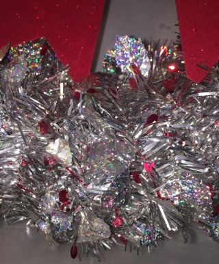 Vintage Silver Tinsel Wreath Door Hanging Red Bow Christmas Holidays Winter 3