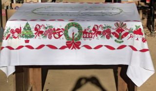 Vtg Kitchen Tablecloth Cotton Christmas 60 " X 48 " White Red Ornaments Trees