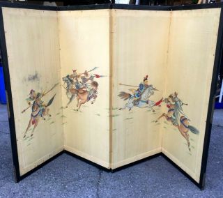 Antique Vintage Japanese 4 Panel Folding Screen With Woodblock Prints