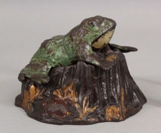 19thc Antique J E Stevens Painted Cast Iron Toad On Stump Mechanical Bank Nr
