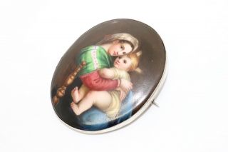 A Large Antique Victorian Sterling Silver Hand Painted Porcelain Plaque Brooch