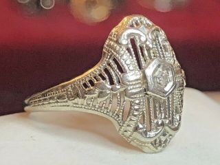Estate Antique 14k White Gold Diamond Ring Ornate Open Filigree Milgrain Detail