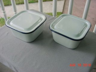 2 Vintage Enamelware Covered Refrigerator Dishes White Blue Trim Square 6 " X 6 "