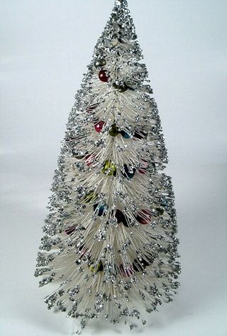 13.  5 " Vintage White Glitter Bottle Brush Christmas Tree Mercury Glass Beads