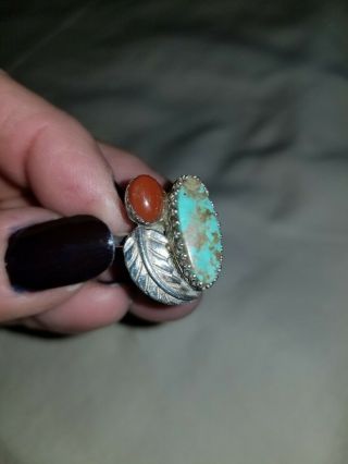 Vintage Sterling Silver Navajo Turquoise Coral Ring Signed Dw Size 10