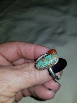 Vintage Sterling Silver Navajo Turquoise Coral Ring Signed DW size 10 2