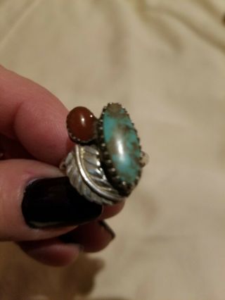 Vintage Sterling Silver Navajo Turquoise Coral Ring Signed DW size 10 3
