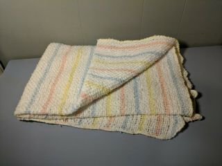 Vtg Waffle Weave Thermal Acrylic Baby Blanket Pastel Stripes Blue Pink Yellow