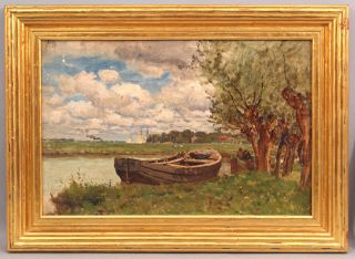 Antique John Enneking American Impressionist Rowboat Landscape Painting