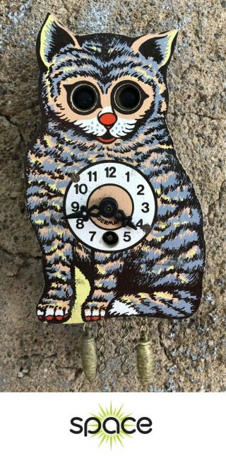Vintage German Kitty Cat Cuckoo - Style Wind - Up Clock W/ Moving Eyes