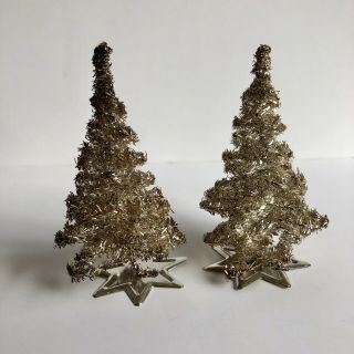 2 Antique Vintage Gold Tinsel Christmas Trees Germany Aluminum Holiday A1