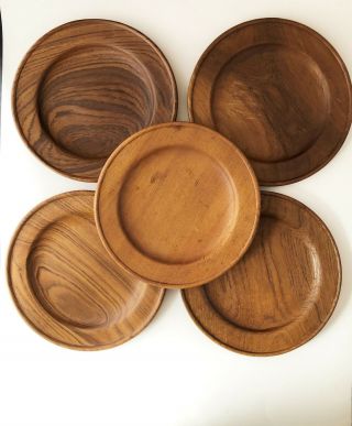 Set Of 5 Vintage Teak Wood Serving Plates.  Made In Thailand.