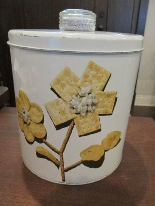 Vintage Krispy Kan Tin Blue Magic Dri - Knob Large Cracker Chips Popcorn Nuts Tin
