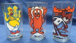 3 Vintage P.  A.  T.  Ward Pepsi Glass Rocky Bullwinkle Harvey Cartoon Big Baby Huey