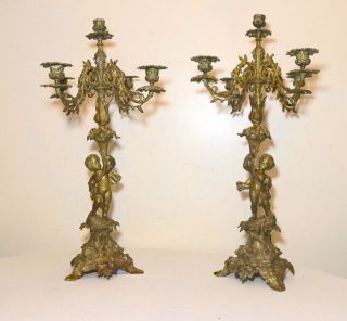Pair 2 Large Antique Gilt Bronze Figural Cherub Candelabras Candle Holders Brass